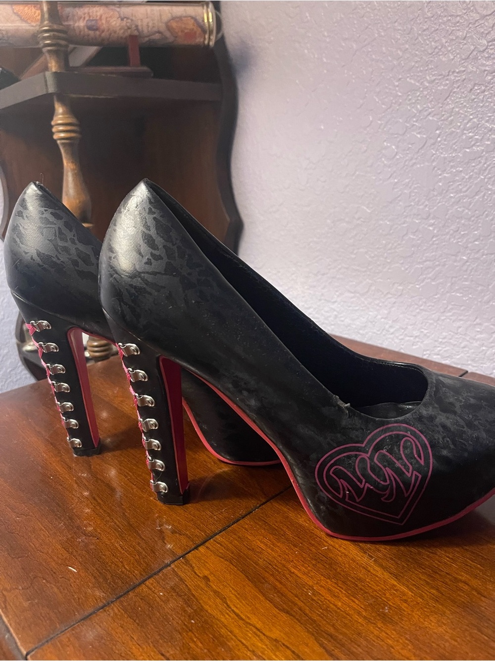 Pleaser Black and Pink Studded Platform Pumps